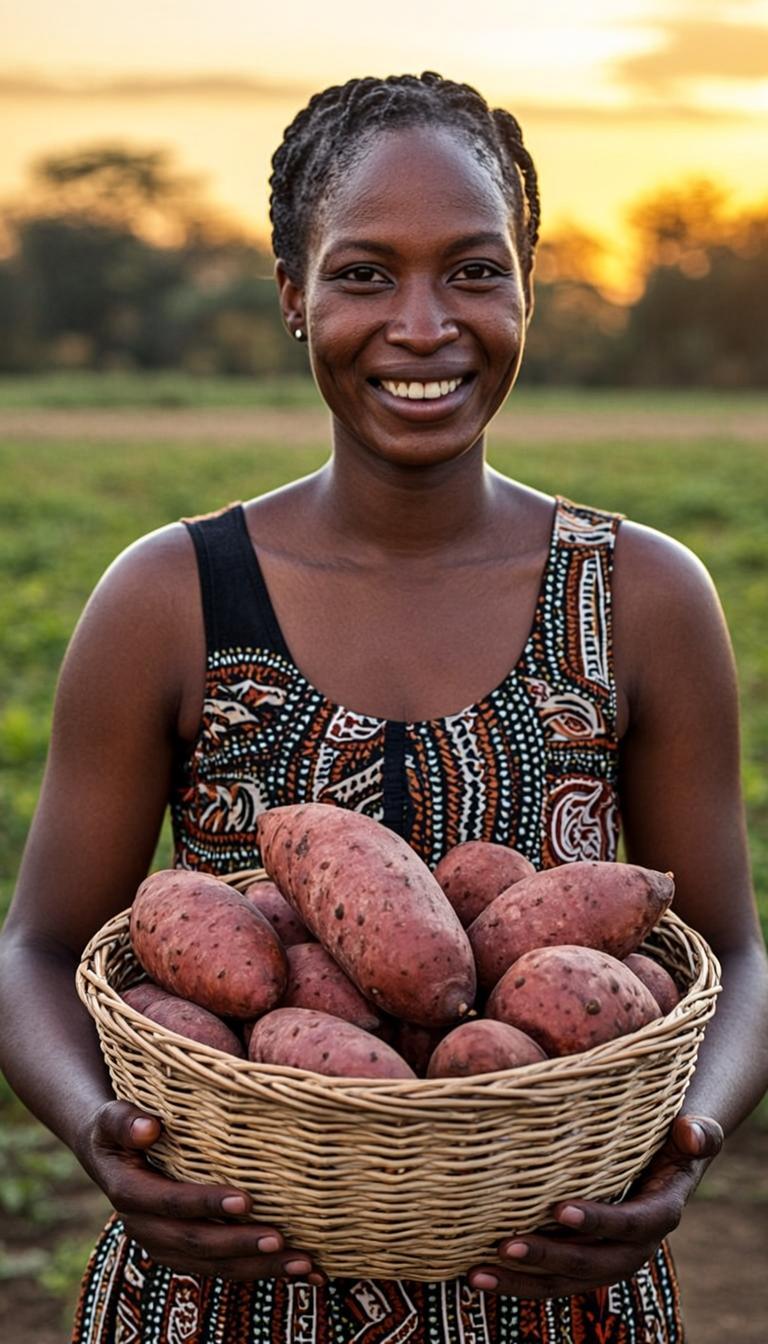 Productrice fière de sa récolte de patates douces et ignames